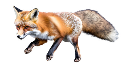 Fototapeta premium A red fox with its bushy tail curled elegantly, filling 60 percent of the image, looking alert with piercing eyes on a transparent background 
