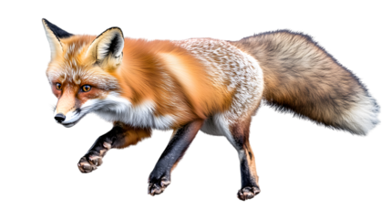 A red fox with its bushy tail curled elegantly, filling 60 percent of the image, looking alert with piercing eyes on a transparent background 