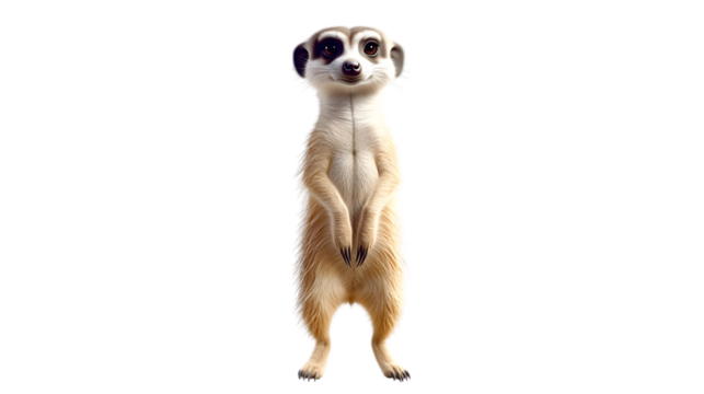 A quirky meerkat standing upright on hind legs, occupying 55 percent of the frame with detailed fur and an inquisitive expression on a transparent background  - Powered by Adobe