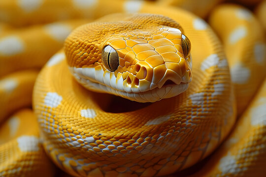 Close-up of a coiled yellow and white snake with detailed scales and patterned skin.  A captivating reptile portrait, showcasing the intricate texture