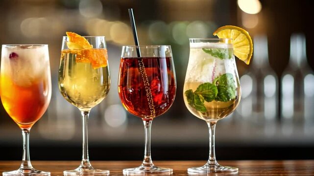A row of wine glasses with different colored drinks in them
