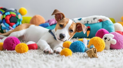Playful puppy surrounded by colorful toys on a soft rug in a bright, cheerful room