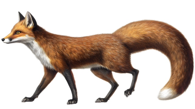 A red fox with its bushy tail curled elegantly, filling 60 percent of the image, looking alert with piercing eyes on a transparent background 