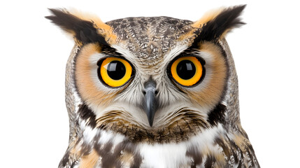 Fototapeta premium A regal owl with wide, piercing eyes and detailed feathers, perched confidently and occupying 65 percent of the frame on a transparent background 