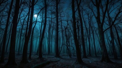 Obraz premium Eerie Moonlight Illuminates a Dark Mystical Forest Scene at Night