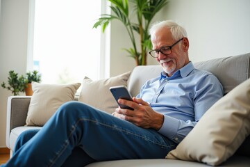 Senior Man Relaxing on Couch Using Smartphone in Modern Living Room with Green Plants, Natural Light and Comfortable Decor