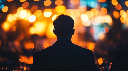 Silhouetted Man Observing Bright Lights Display