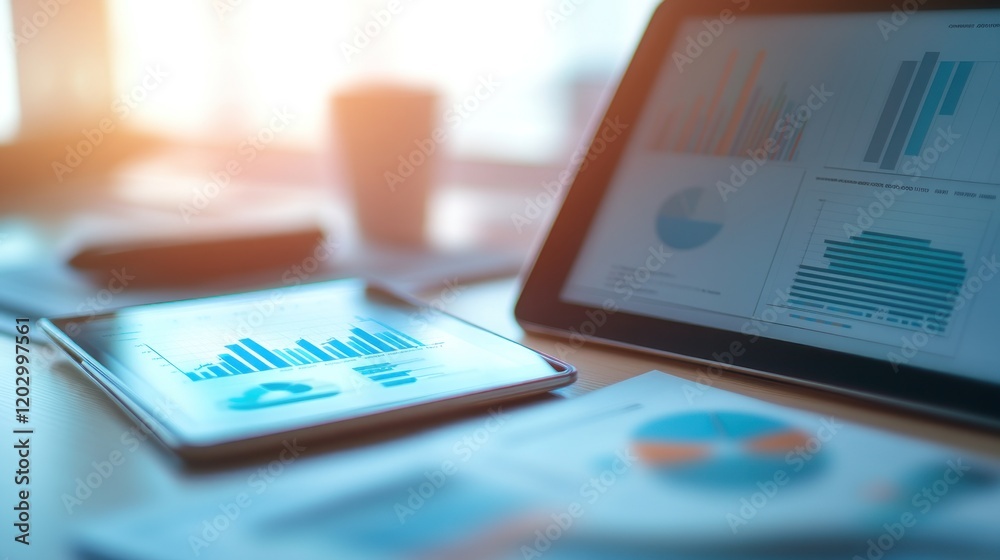 Poster Digital Tablets Displaying Business Data Graphs And Charts