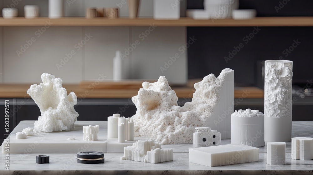 Poster White three dimensional printed objects arranged on marble