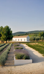 Fototapeta premium Serene lavender fields surround a white building in a tranquil countryside setting