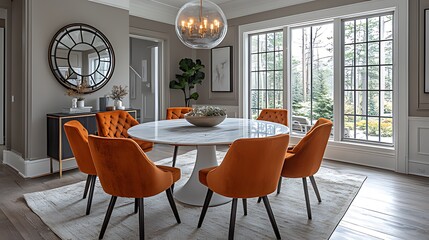 Modern dining room, orange chairs, wood floors, large windows, forest view, home decor