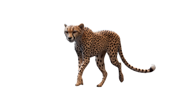 A sleek cheetah mid-sprint frozen in motion, its slender body and spots detailed and filling 75 percent of the frame on a transparent background 