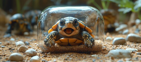 Baby turtle in jar, outdoors, other turtles nearby, nature background, wildlife photography