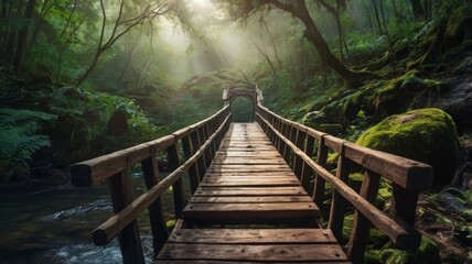 Fototapeta premium Mystical Wooden Bridge through Lush Forest with Sunlight Illuminating the Path