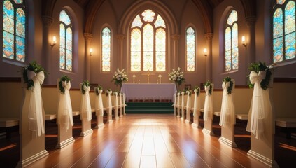 Elegant Church Interior Prepared for Wedding Ceremony with Stained Glass
