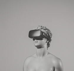 Virtual Reality & Classical Art: A thought-provoking juxtaposition of classical sculpture and modern technology, a marble bust wearing a virtual reality headset.