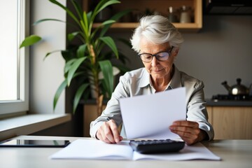 Senior Woman Reviewing Financial Documents at Home with Calculator and Green Plant in Modern Kitchen Setting