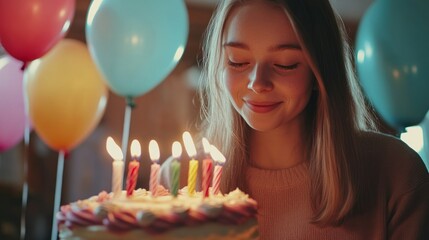 Fototapeta premium Birthday Girl Blowing Out Candles on Delicious Cake