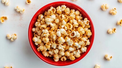 Red bowl of sweet and buttery popcorn is centered on the white surface