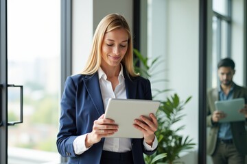 Fototapeta premium Professional Woman Engaged in Digital Work with Tablet in Modern Office Setting, Reflecting Corporate Ambiance and Professionalism