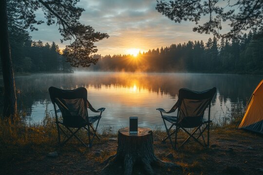 Serene Sunrise Retreat Lakeside Minimalism and Digital Detox for National Day of Unplugging, Spring Rejuvenation and Outdoor Event Inspiration - Powered by Adobe