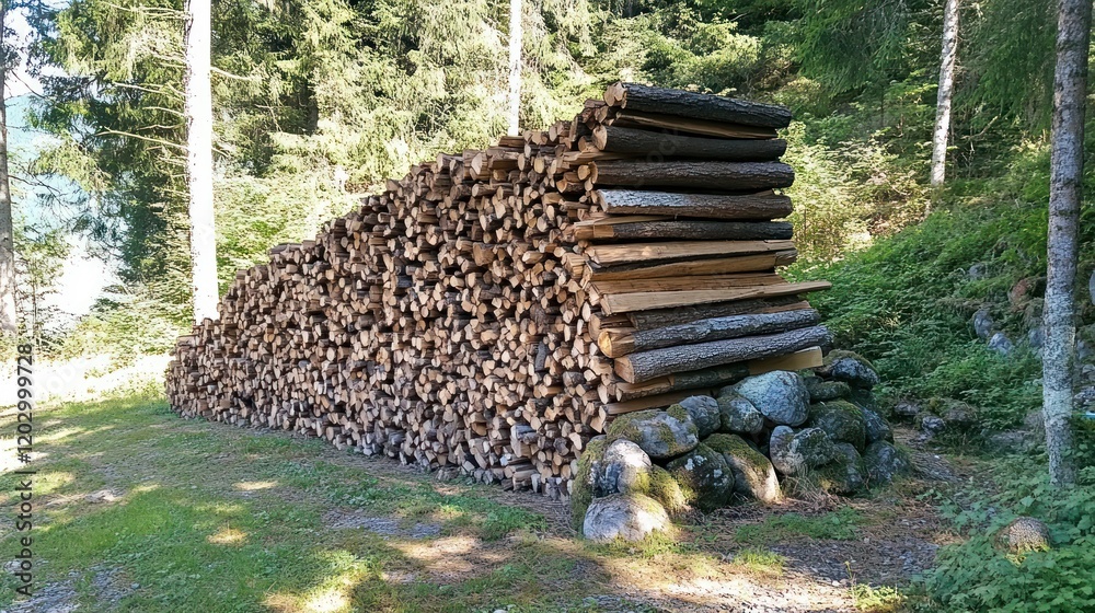 Poster large stack of firewood in a forest setting