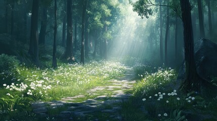 Obraz premium Sunlit Forest Path With White Flowers