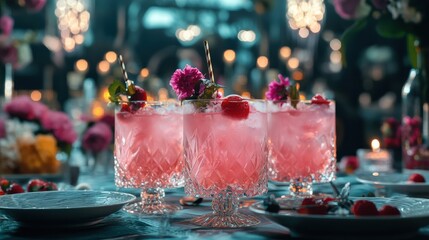 An elegant Academy Awards after-party scene with shimmering lights and cocktails