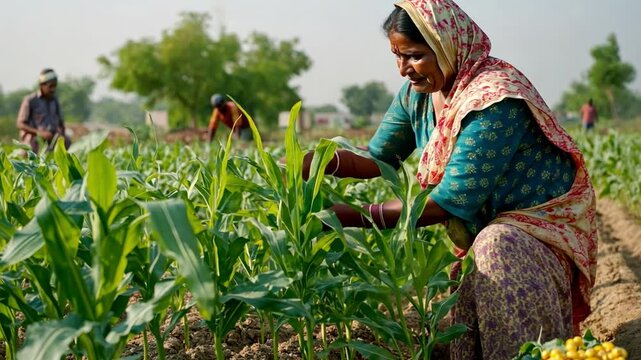 An Indian farmer woman works in a corn field. She wore a colorful sari and leaned over to pick corn.