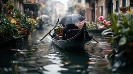 Obraz premium A dreamy spring travel photo of a couple on a gondola in Venice