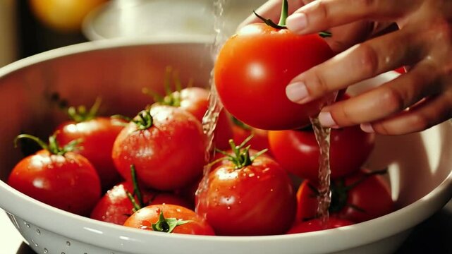 A person is washing a bunch of tomatoes