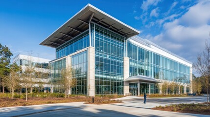 Modern Glass Office Building Sunny Day Landscape