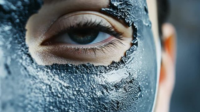A woman's face is covered in a thick layer of mud