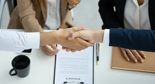 Professional Business Handshake over Modern Contract Agreement Collaborative Office Setting, Sustainable Materials, and Contemporary Workspace Solutions for Enhanced Productivity