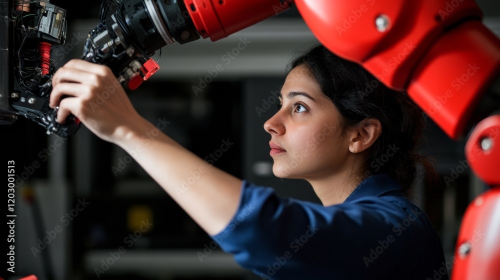 Aufkleber contemporary robotics lab indian female engineer in blue shirt adjusts advanced machinery - modern t