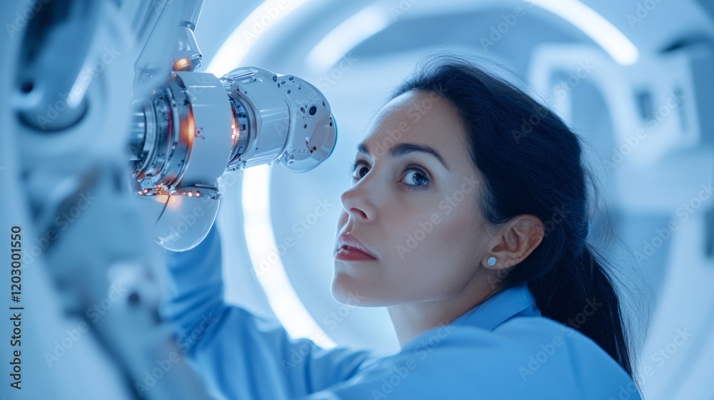 Fototapete Futuristic Tech Lab Insight Indian Female Engineer in Her 40s Adjusting Robotic Arm in Ultramodern Workspace - Innovation in Robotics for Enhanced Industrial Automation