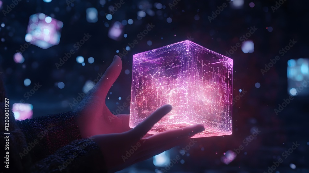 Poster digital hand holding glowing cube with data visualization elements