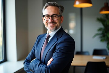 Fototapeta premium Confident Businessman Smiling in Modern Office Setting with Natural Light and Elegant Decor Inspiring Professionalism and Success