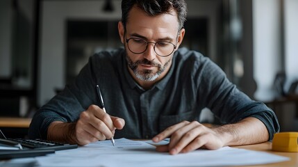 Thoughtful man writing notes in office with natural light