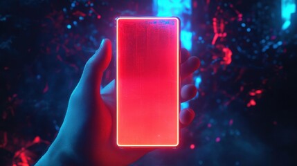 Close up Young man's hand holding mobile phone with empty screen against neon blue light background,Male hand with smartphone.Blank white screen. Mock-up. Red and blue neon light in dark black room.