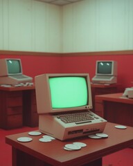 Fototapeta premium Vintage Tech Revival Retro Computers and Floppy Disks in Cinematic Setting for Heritage-Inspired Digital Marketing and Educational Content