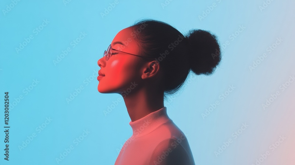 Aufkleber Neon-Cyber Aesthetic Asian Female Developer in Tech Environment - Coding Innovation and AI with Minimalist Design for Future-Driven Digital Marketing and Business Solutions