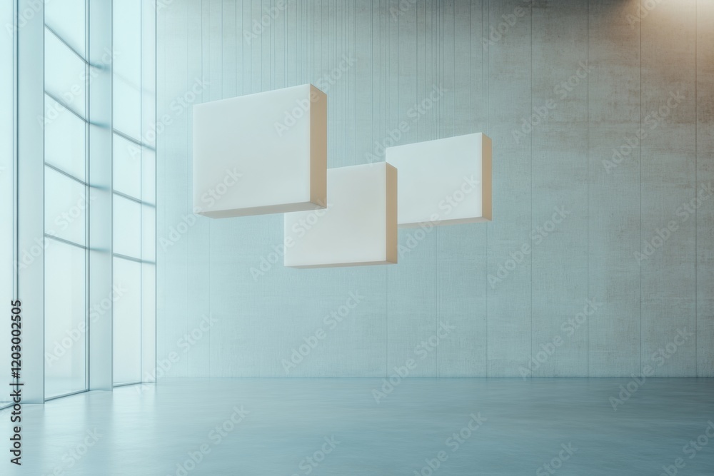 Poster minimalist holographic screens in concrete and glass office futuristic digital transformation for sm