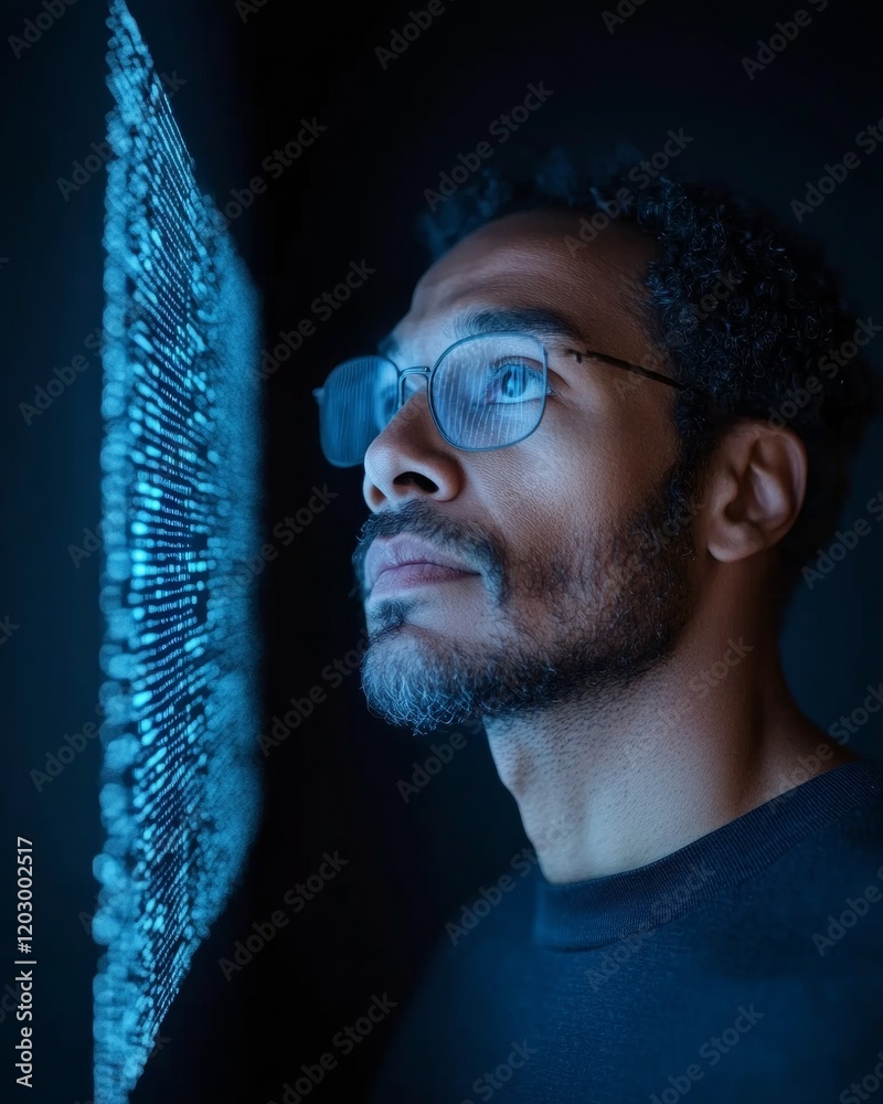 Poster Futuristic Data Visualization Slim Indian Developer with Cyber Holographic Interface - AI-Driven Tech Insights and Business Intelligence in Digital Innovation