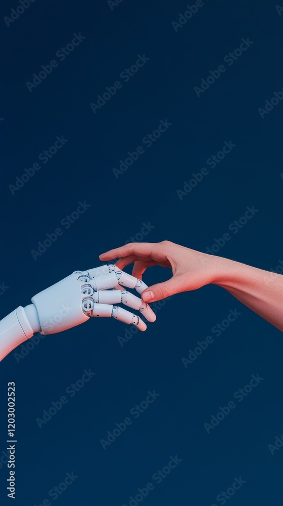 Poster Futuristic AI Collaboration Robotic and Human Hands in Dramatic Lighting for Innovative Tech Solutions in Business and Marketing - Text Space for Digital and Industrial Design