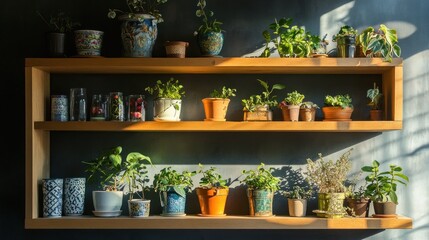 Sunlit Plants Arranged On A Wooden Shelf