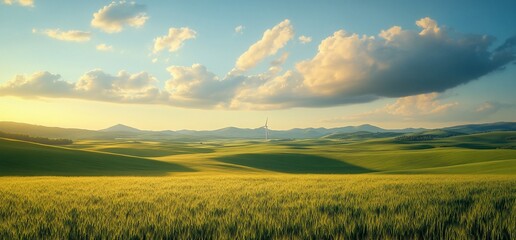 Obraz premium Sunset over rolling hills, wind turbine, wheat field