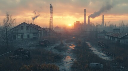 Obraz premium Sunset over polluted industrial town