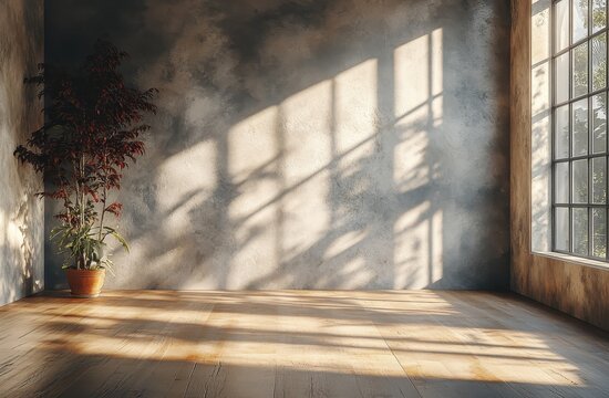 Minimalist 3D rendering of an empty room with a gray wall and clean lines.