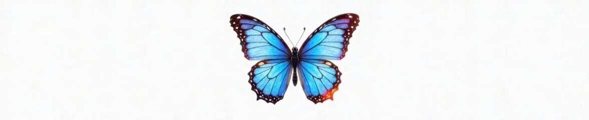 Obraz premium Single blue butterfly, multicolored accents, stark white background , detail, high-resolution